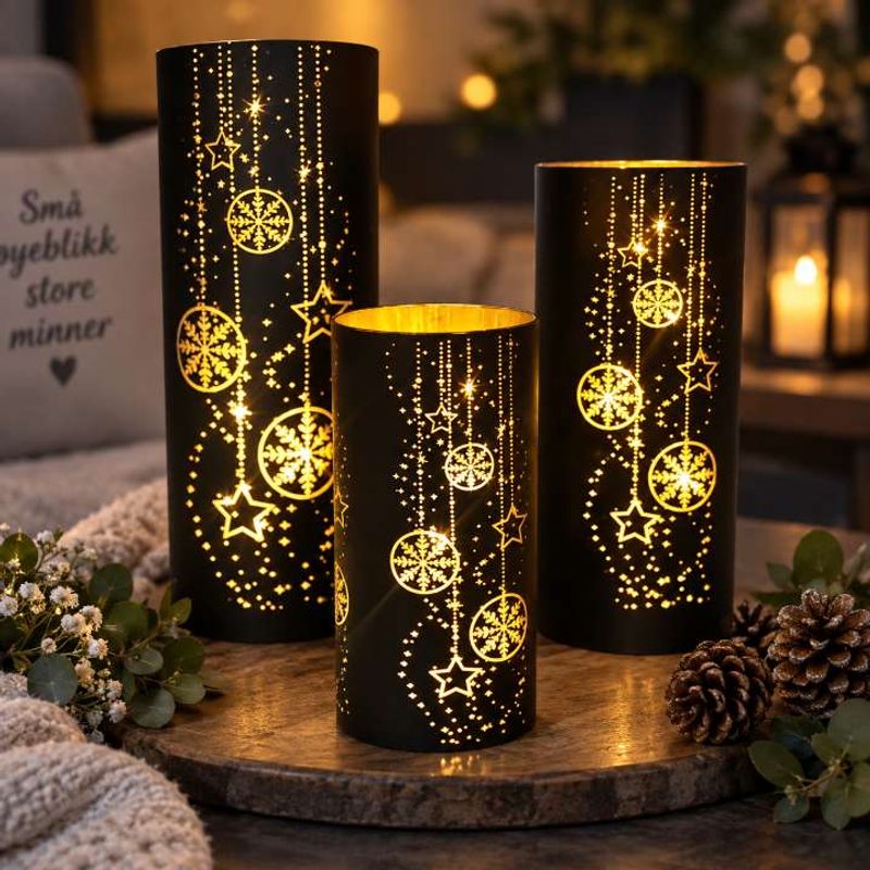 Lyslykt Julekuler matt sort LED 15-20-25 cm SETT